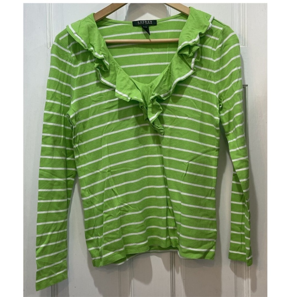 Lauren Ralph Lauren Green White Stripes V Neck Ruffle Neckline Shirt SZ Medium